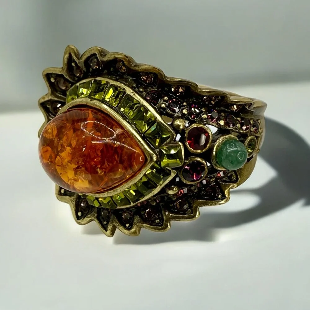 Vintage Heidi Daus Statement Ring – Amber Cabochon w Multi-Color Crystals Sz 7 - Picture 3 of 17
